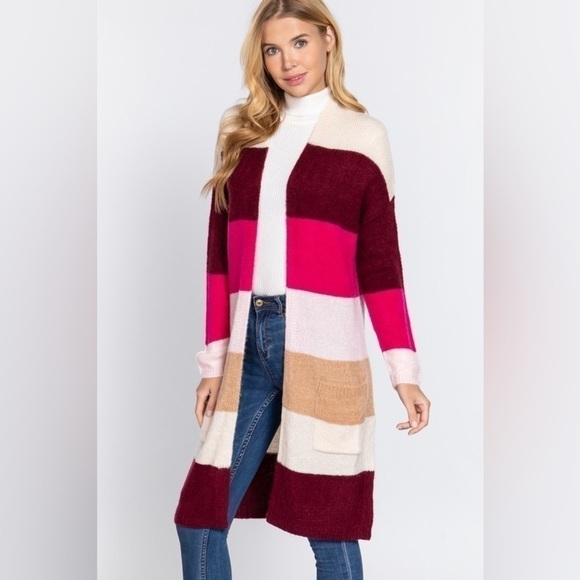 Women’s Pink Color block Long Cardigan Sweater S, M, L - Picture 3 of 4